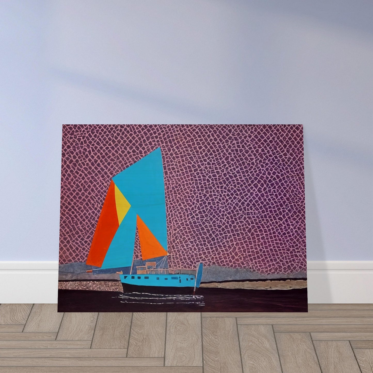 A sailboat with bright, geometric sails of blue, orange, and yellow floats on dark waters beneath a purple, textured sky, evoking adventure and vibrancy.