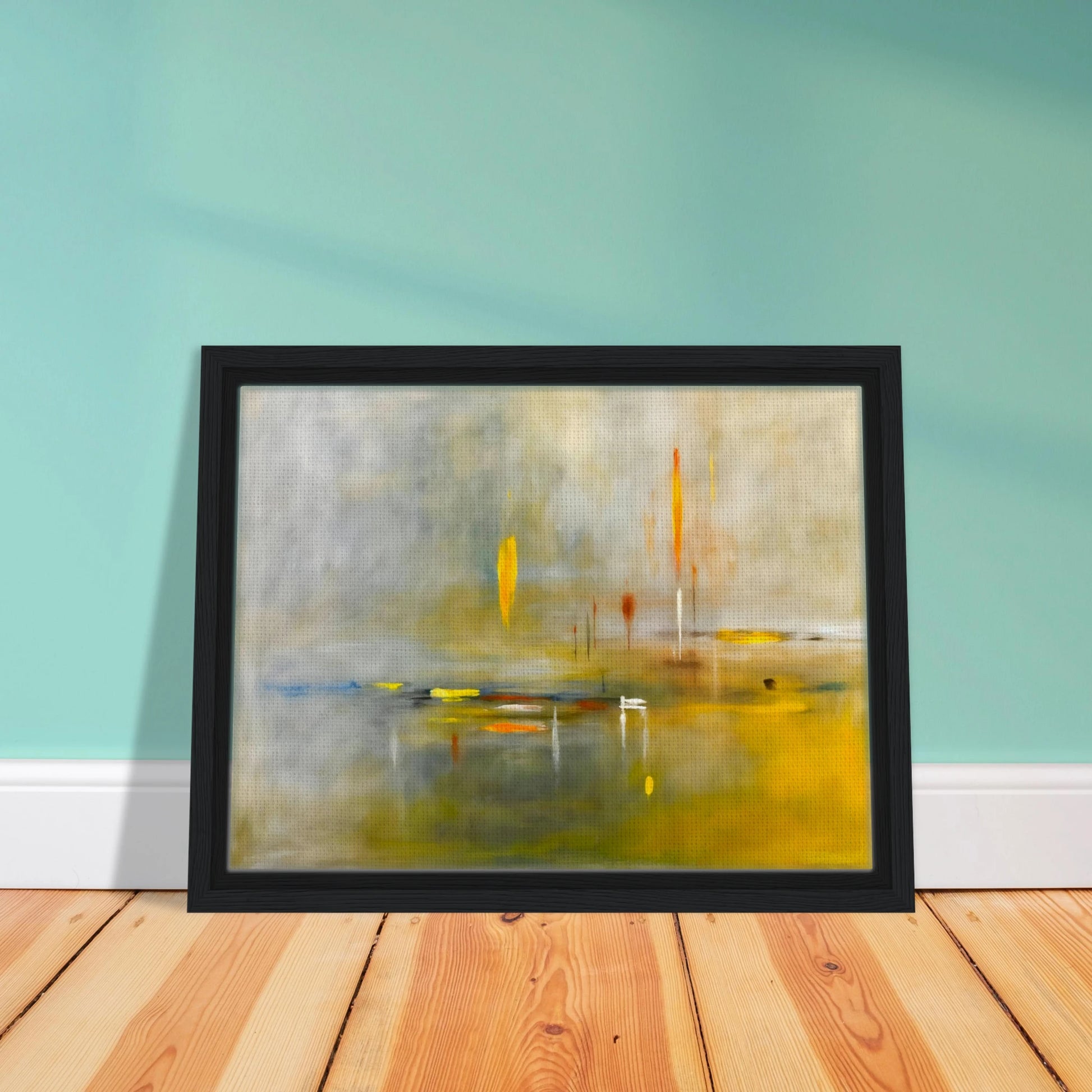 Ethereal waterscape with soft mist, luminous gold reflections, and delicate vertical lights drifting across a tranquil horizon.
