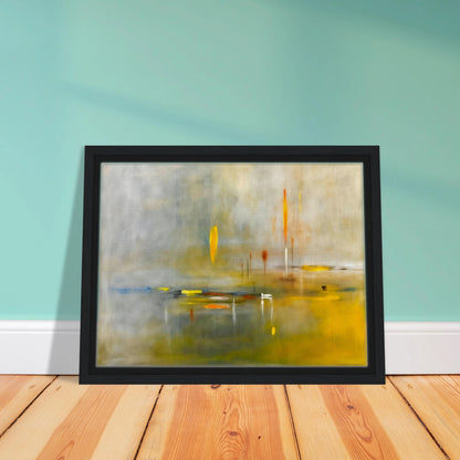 Ethereal waterscape with soft mist, luminous gold reflections, and delicate vertical lights drifting across a tranquil horizon.