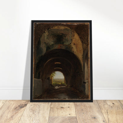 Dark vaulted stable opens to a distant landscape through a sunlit arch