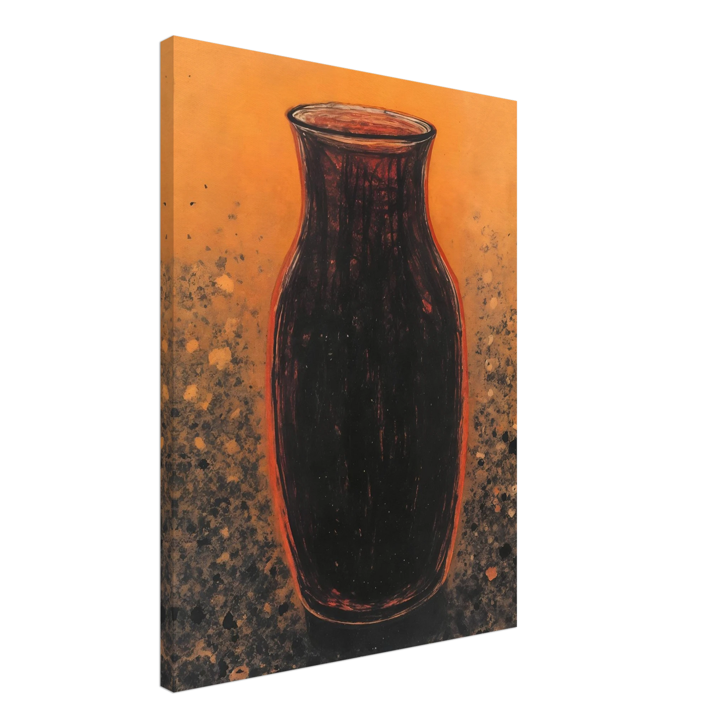 Dark sculptural vase rises against a glowing amber field with textured speckled earth tones, evoking warmth and ancient elegance.