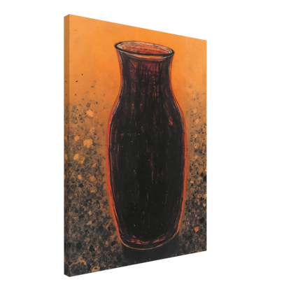 Dark sculptural vase rises against a glowing amber field with textured speckled earth tones, evoking warmth and ancient elegance.