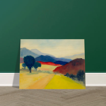 A serene expressionist landscape featuring a pale country road winding through golden fields, deep blue trees, crimson hills, and layered mountains fading into the distance beneath a soft sky.