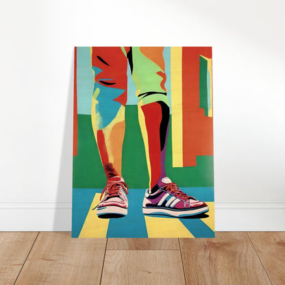 A vibrant painting of legs in colorful pants and bright sneakers, with bold geometric shapes and a playful, modern aesthetic.