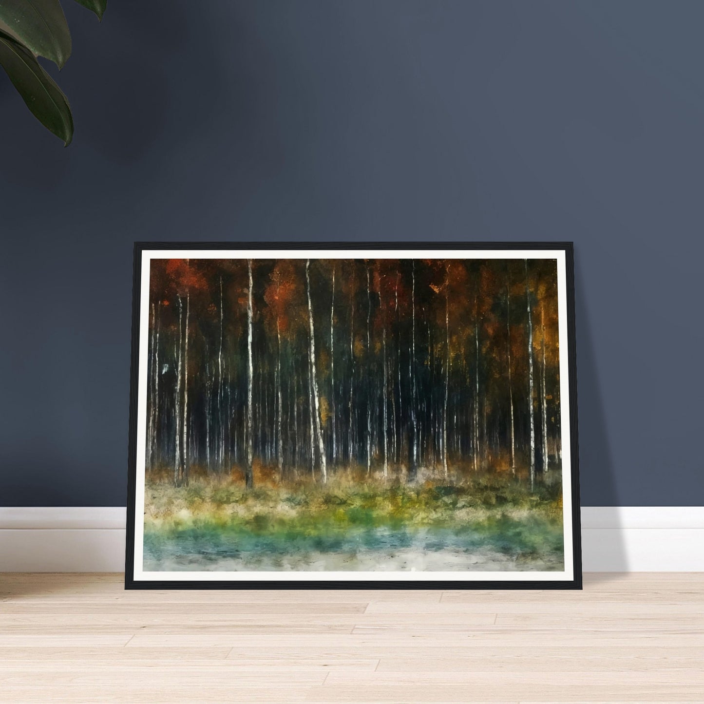 A serene landscape of a forest with tall, slender trees standing against a dark autumnal backdrop, surrounded by mist and soft earthy tones.