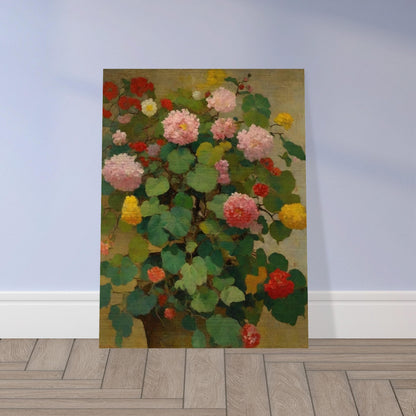 A lush painting featuring a variety of colorful flowers in full bloom, with green leaves in the background.