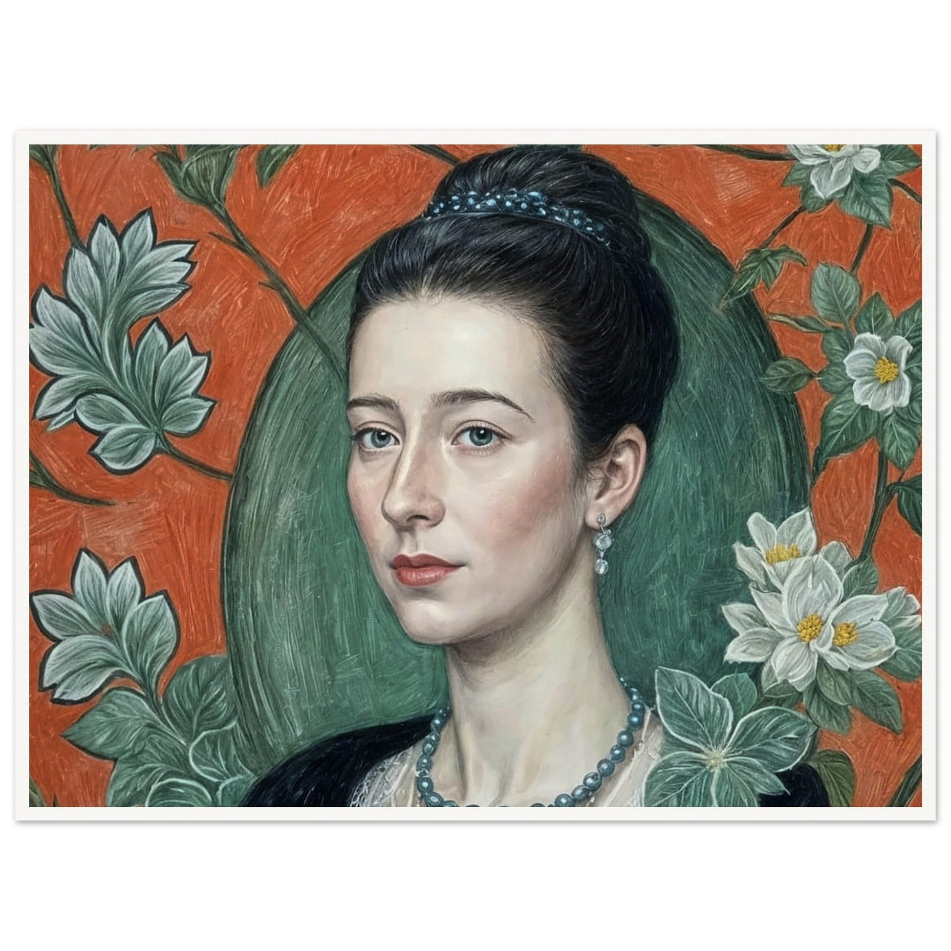 Realistic portrait of a woman with a calm expression, surrounded by intricate floral patterns in soft green and orange tones