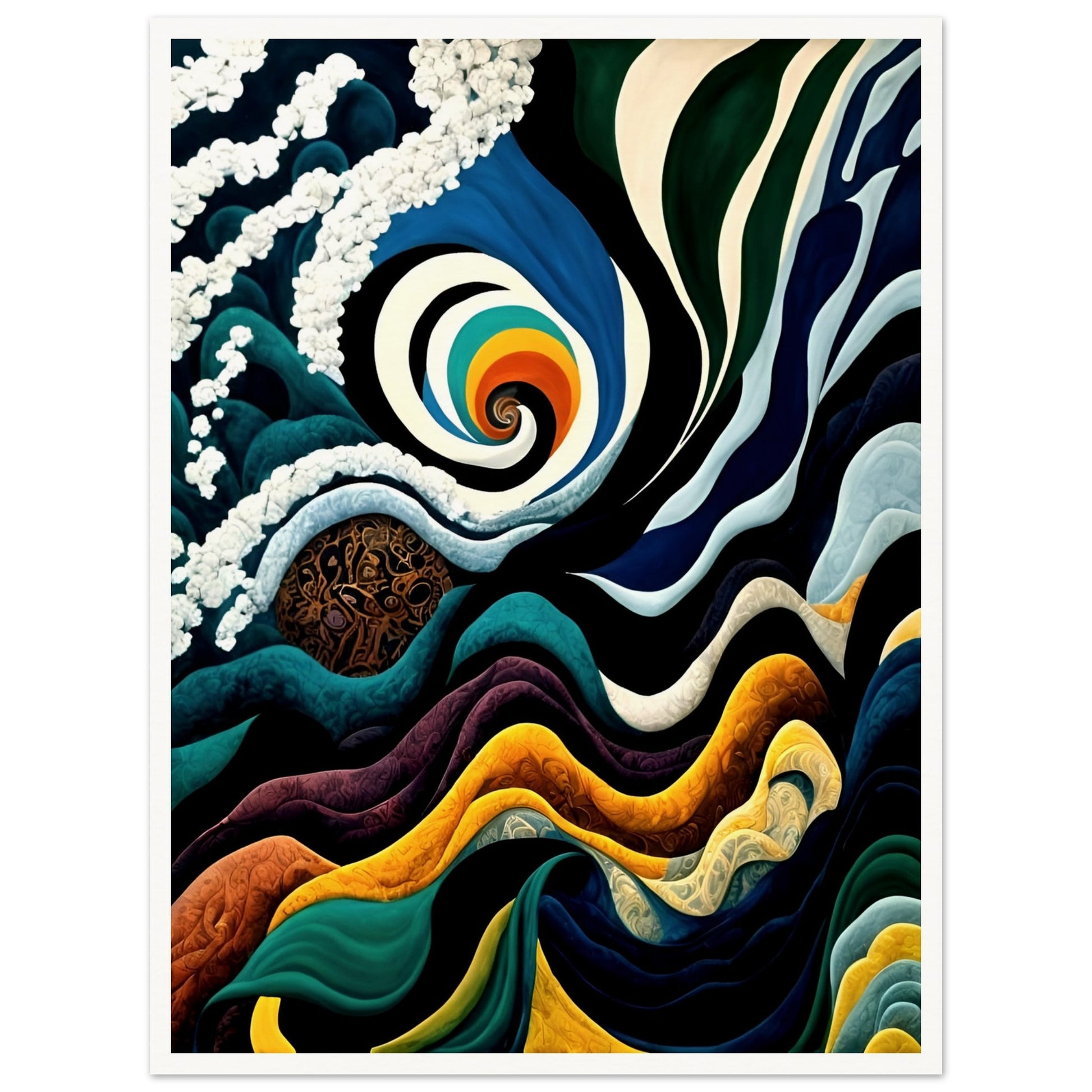 A mesmerizing painting of swirling waves, a spiraling rainbow vortex, and cosmic elements, blending deep blues, golds, and intricate patterns.