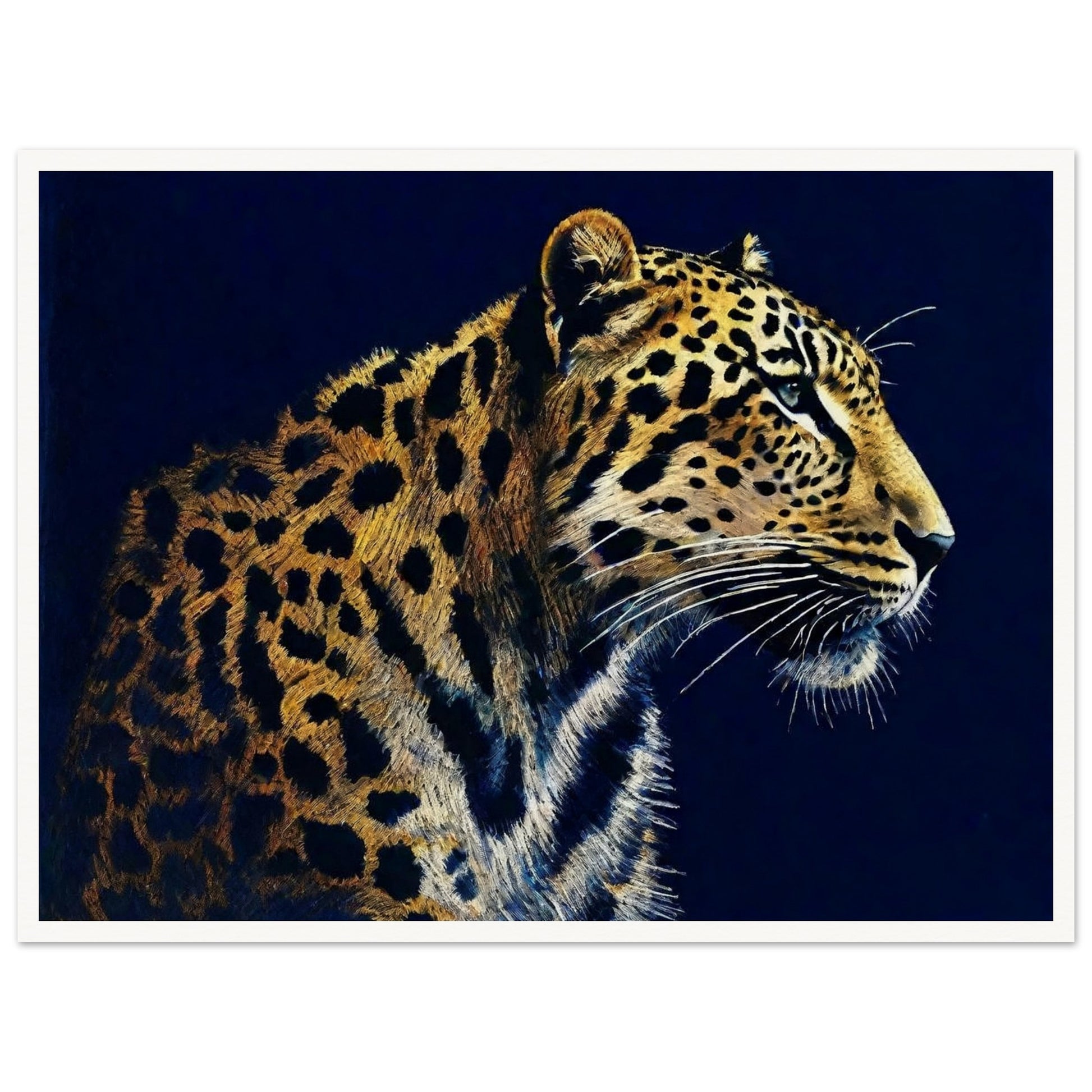 A detailed painting of a leopard against a dark background, showcasing its beautiful spotted coat and intense gaze.