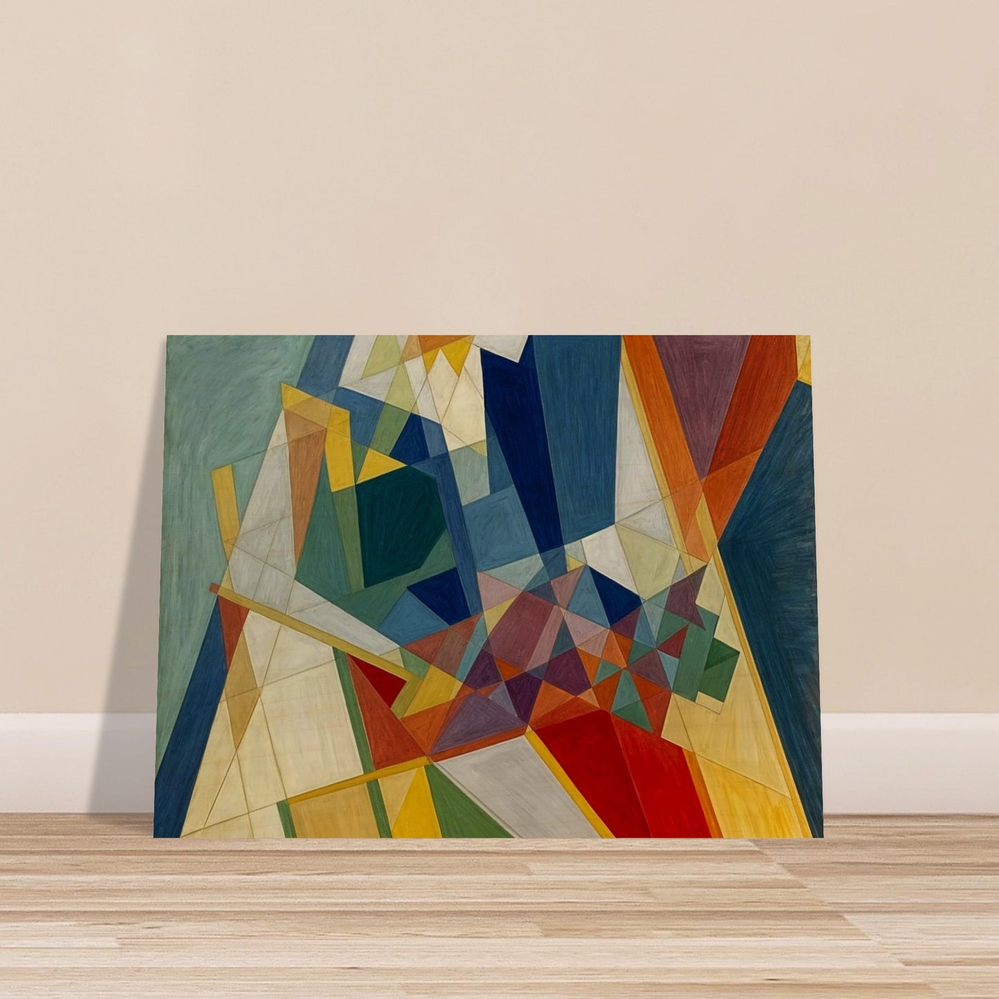 An abstract painting showcasing intersecting geometric shapes in vibrant colors, creating a harmonious and dynamic composition.