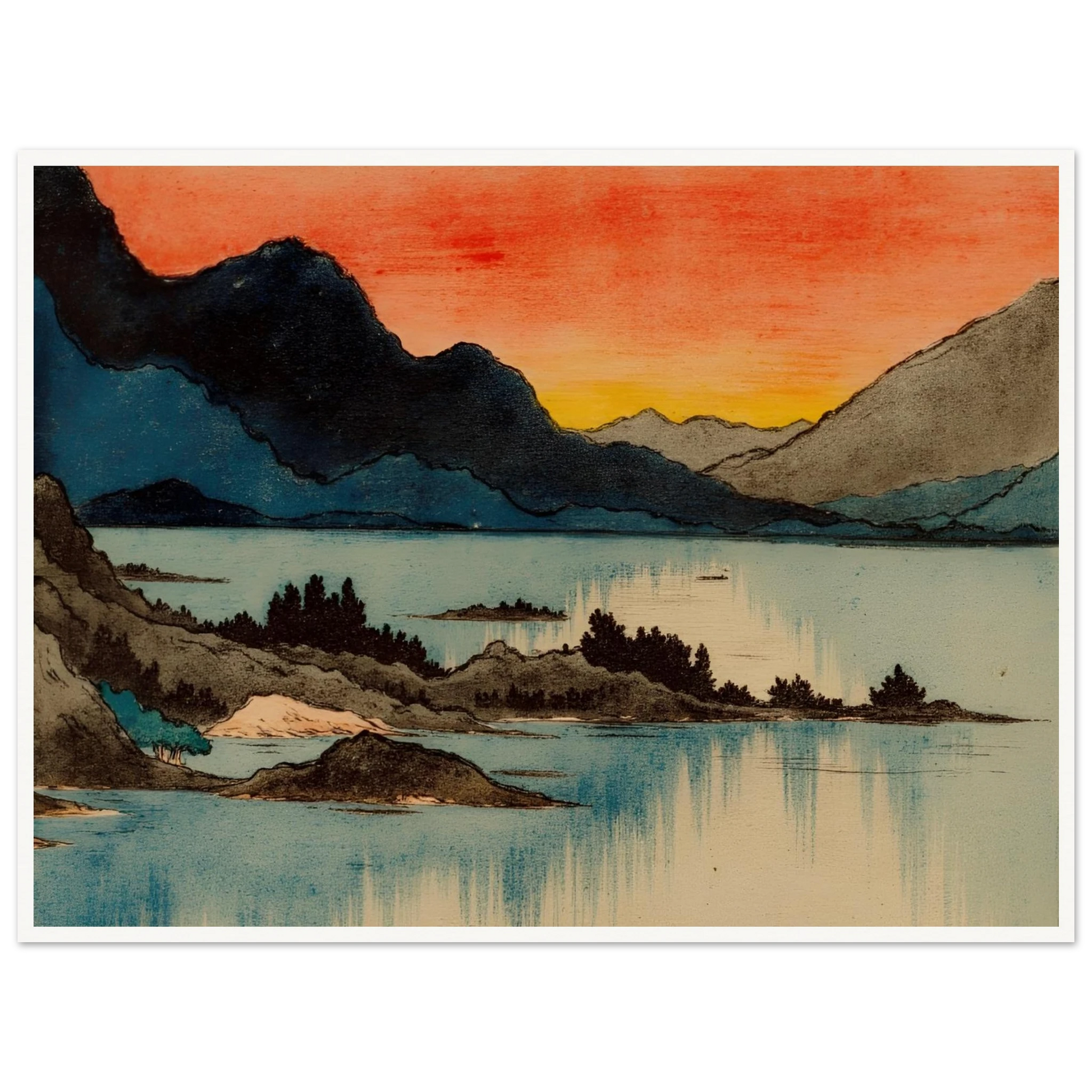 Layered mountain silhouettes meet a glowing red and yellow sunset above calm blue lake waters in a serene scenic view.