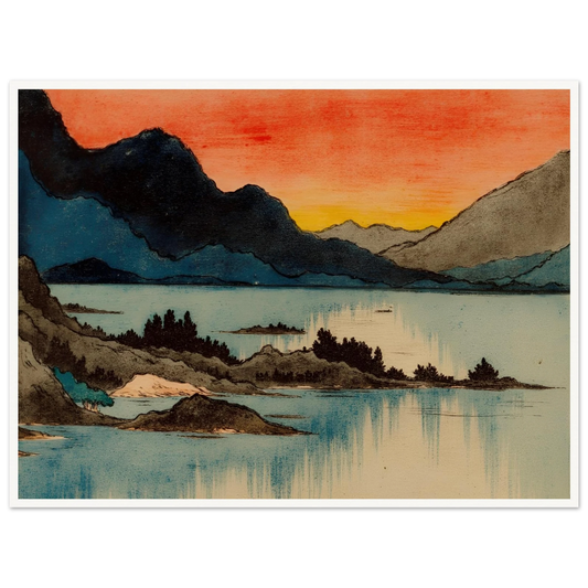 Layered mountain silhouettes meet a glowing red and yellow sunset above calm blue lake waters in a serene scenic view.