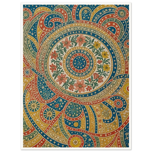 A vibrant mandala design featuring intricate floral patterns in red, blue, yellow, and green, creating a swirling effect.