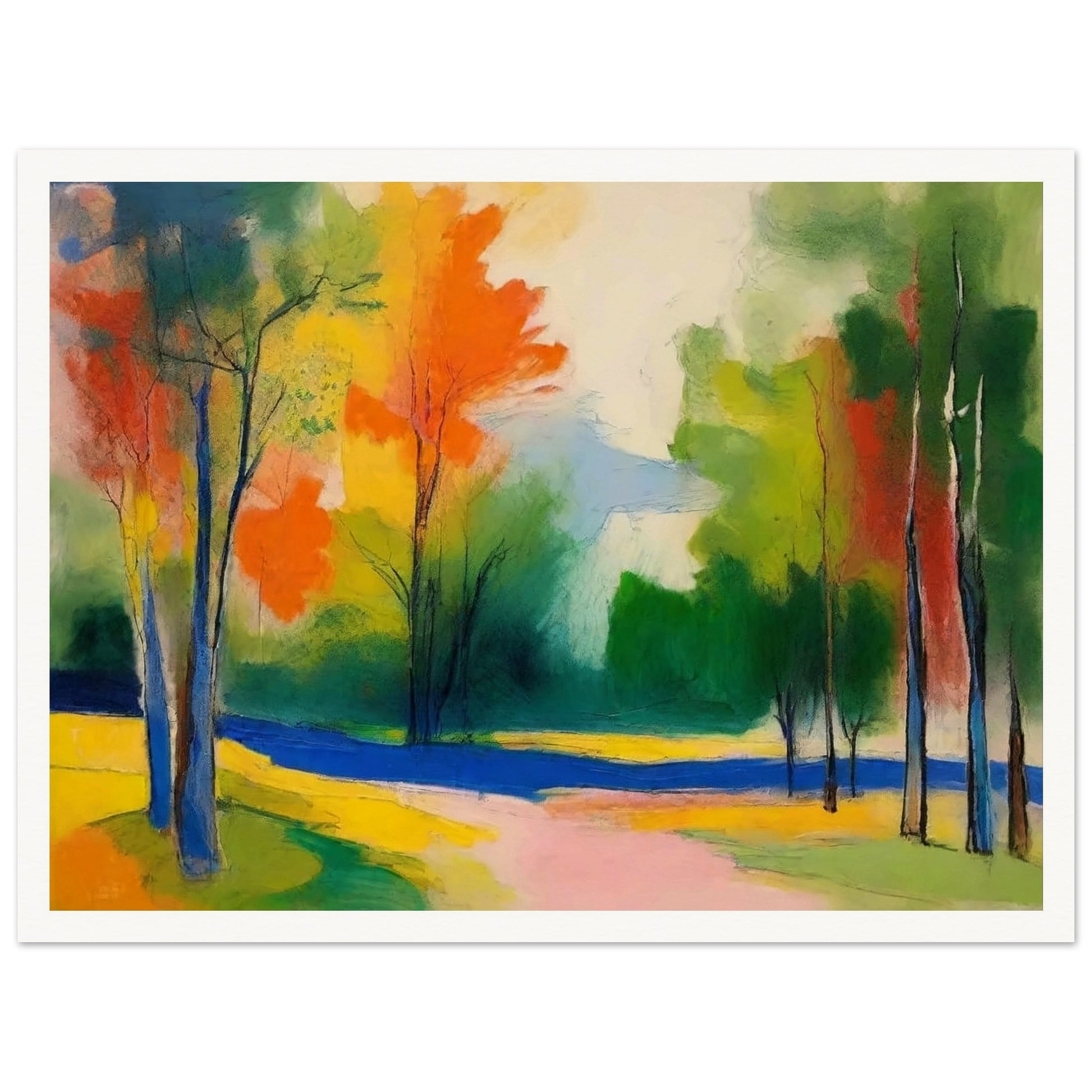 A colorful abstract painting of an autumn landscape, featuring vibrant orange, yellow, green, and blue hues. Trees with slender trunks are scattered throughout the scene, and a winding path leads through the colorful foliage.