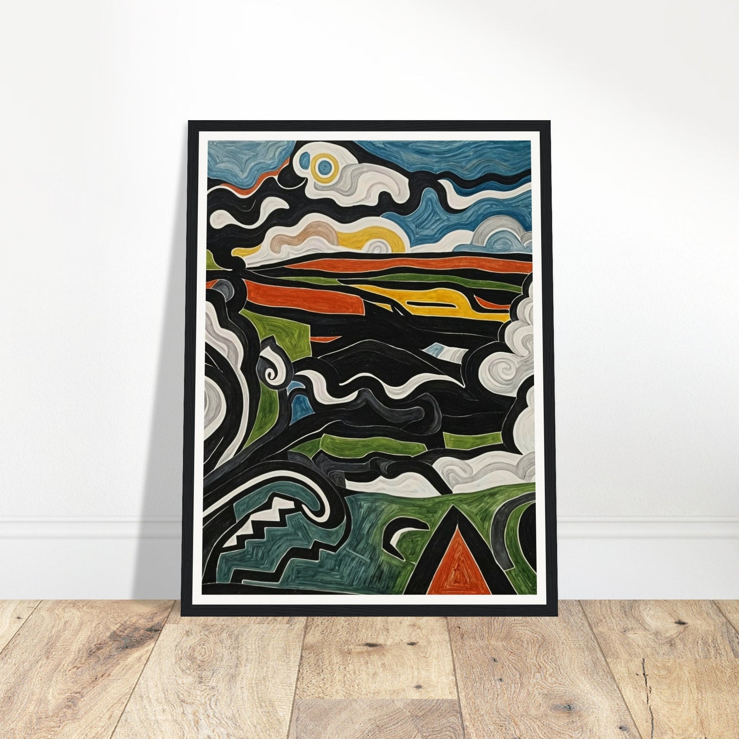 An abstract painting featuring swirling shapes and vibrant colors depicting a dynamic and imaginative landscape.