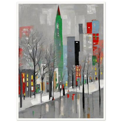 A modern winter cityscape featuring tall buildings in muted tones with pops of red and green, leafless trees, and snow-covered streets.

