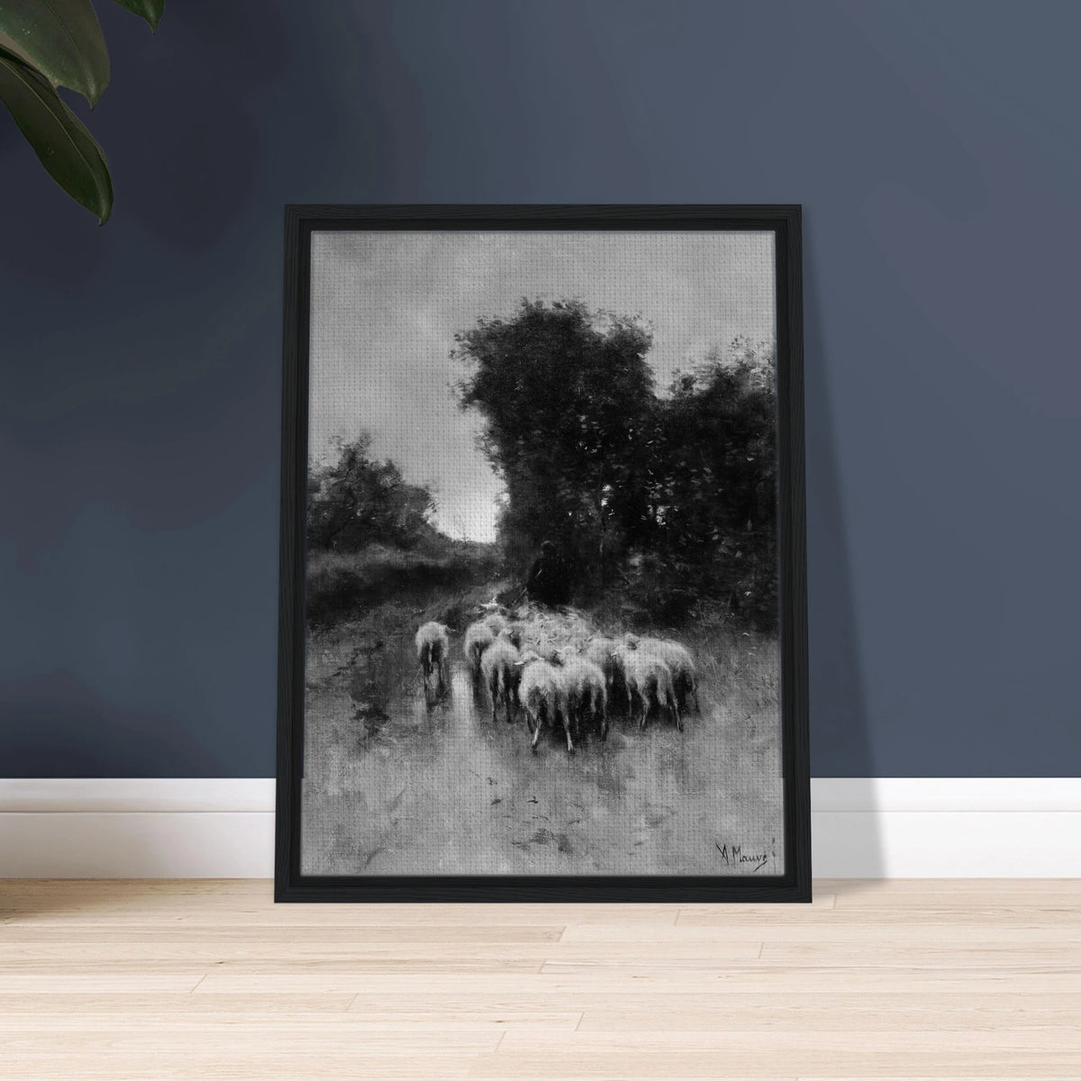 A shepherd leads a flock of sheep along a wooded path beneath tall trees and a cloudy sky.
