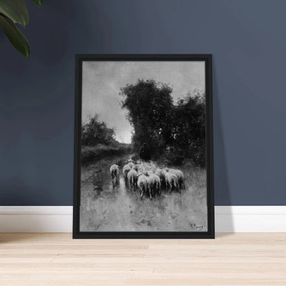 A shepherd leads a flock of sheep along a wooded path beneath tall trees and a cloudy sky.