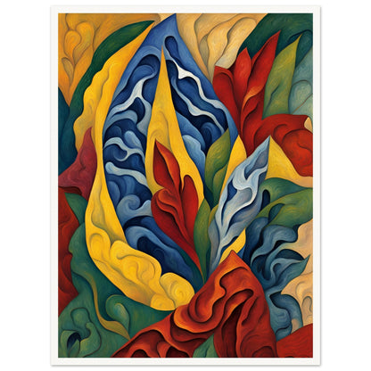 A dynamic, colorful painting featuring swirling organic shapes in red, blue, yellow, and green, evoking the movement of nature.