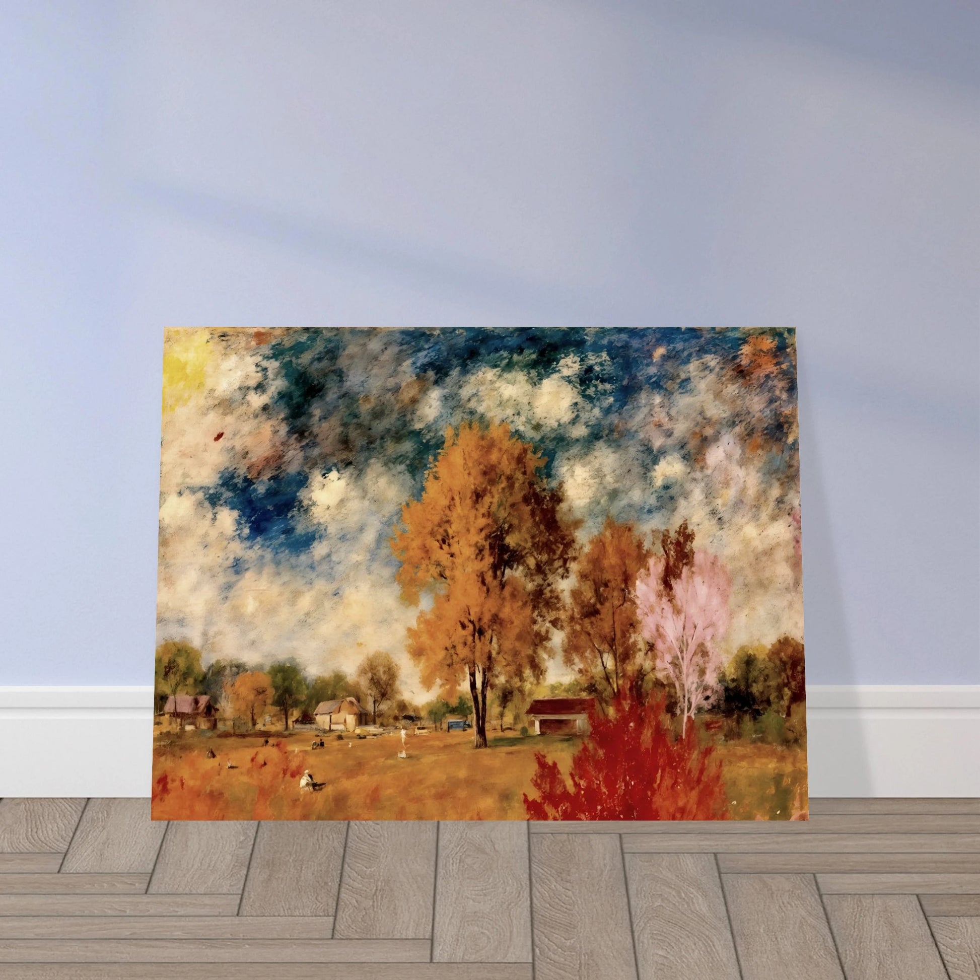 A pastoral countryside scene with autumn trees, rustic homes, golden fields, and dramatic blue skies painted in soft textured strokes.