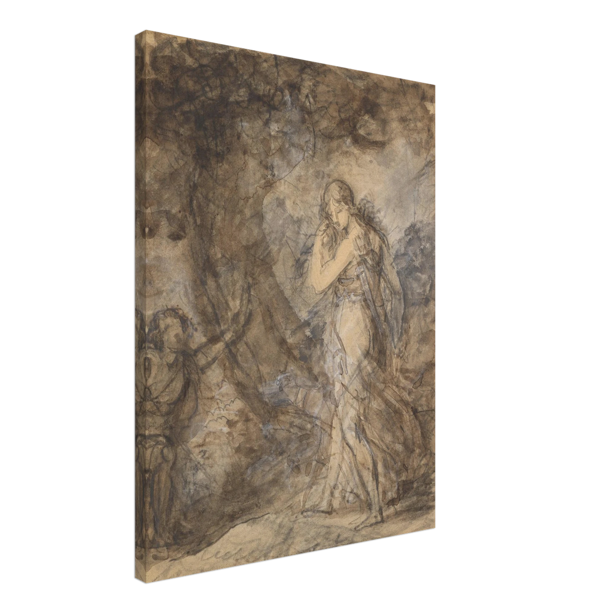 Daphnis runs toward Chloe in a loosely sketched woodland scene, rendered in soft brown and gray washes.