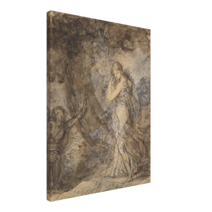 Daphnis runs toward Chloe in a loosely sketched woodland scene, rendered in soft brown and gray washes.