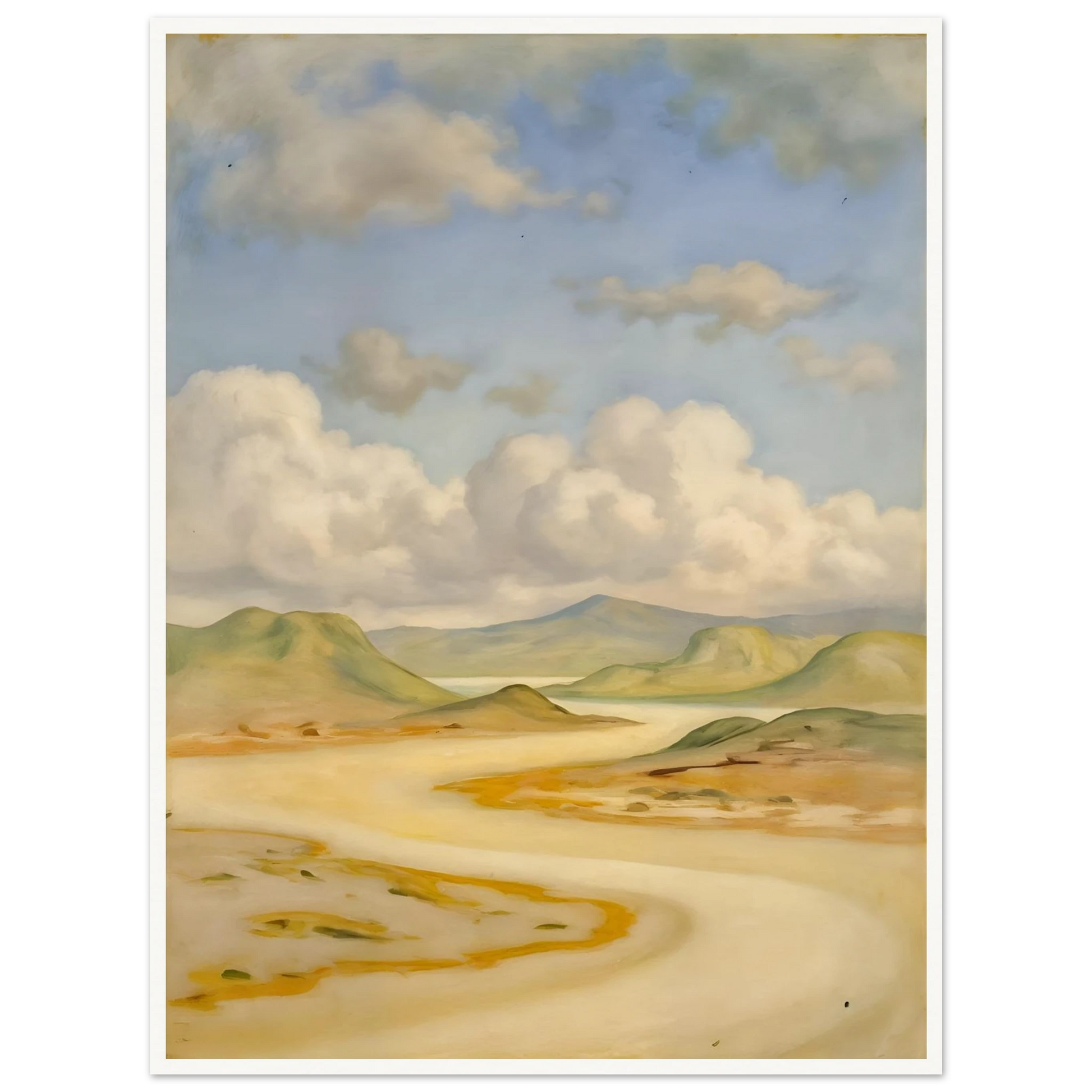 Soft clouds drift above pale hills, sandy curves, and quiet water under a blue sky.