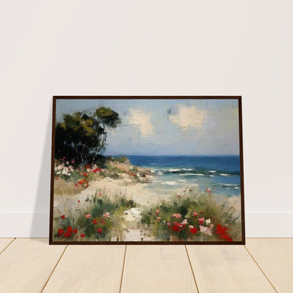 A picturesque painting of a serene beach with vibrant flowers in the foreground and calm ocean waves under a partly cloudy sky.