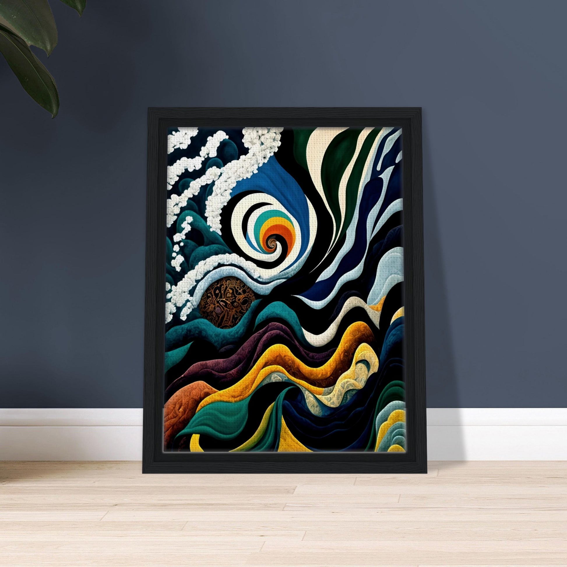A mesmerizing painting of swirling waves, a spiraling rainbow vortex, and cosmic elements, blending deep blues, golds, and intricate patterns.