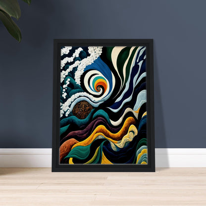 A mesmerizing painting of swirling waves, a spiraling rainbow vortex, and cosmic elements, blending deep blues, golds, and intricate patterns.