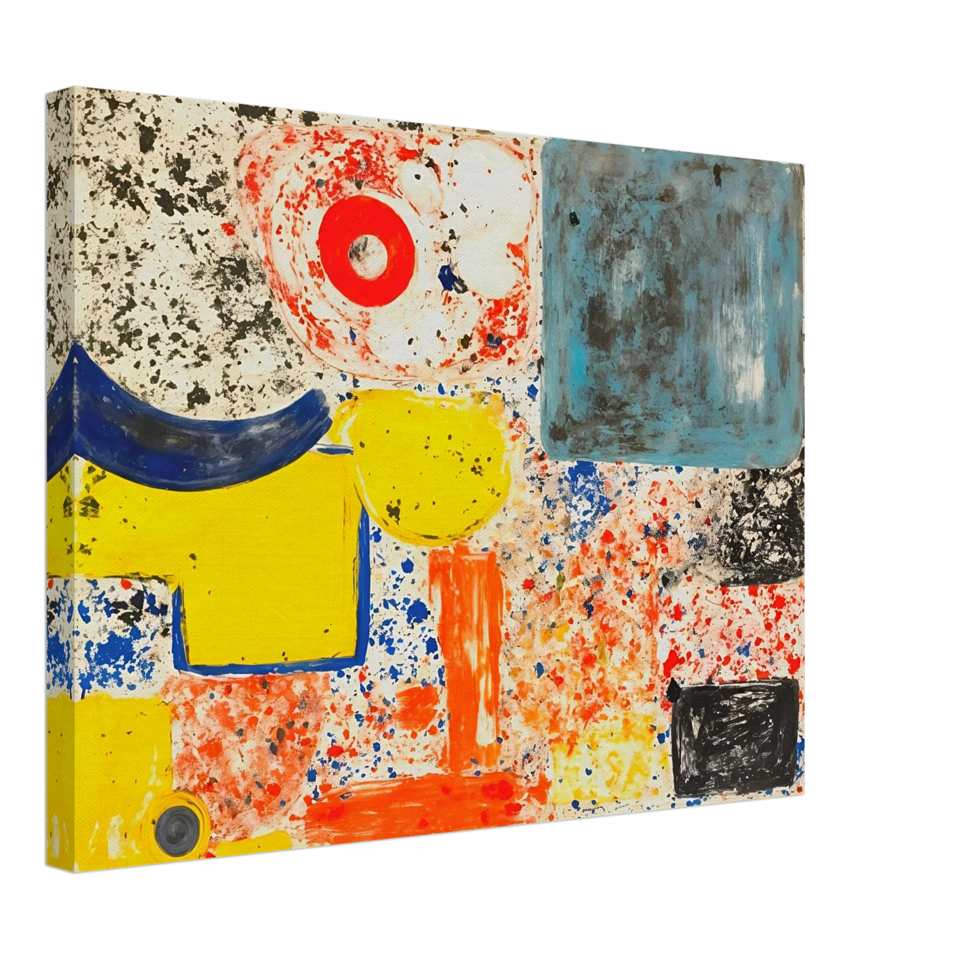 Bright yellow, blue, red, and orange shapes scatter across a speckled white field with bold black marks.