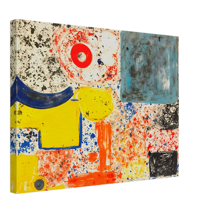 Bright yellow, blue, red, and orange shapes scatter across a speckled white field with bold black marks.