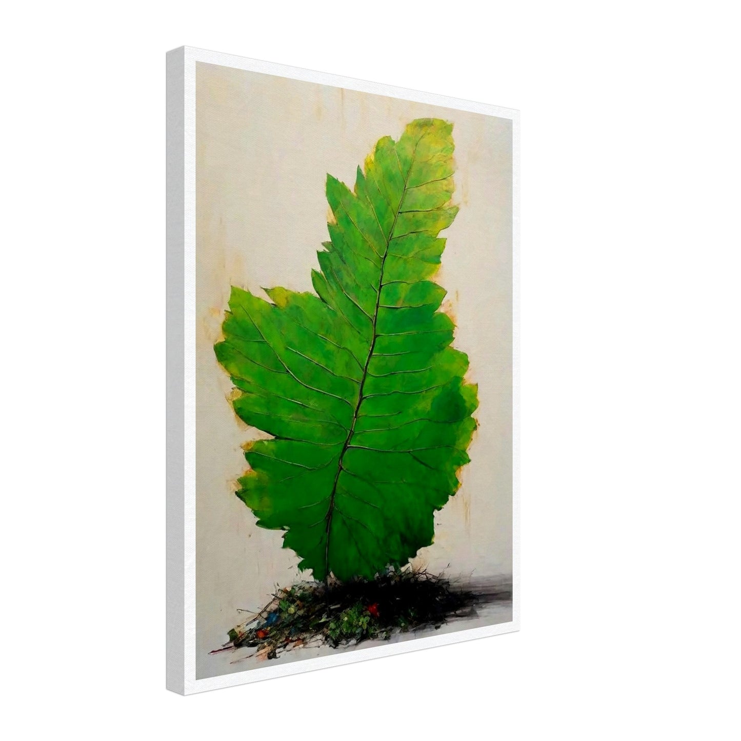 A large, vivid green leaf standing upright against a light background, with intricate veins and subtle texture, emerging from a small mound of organic debris.