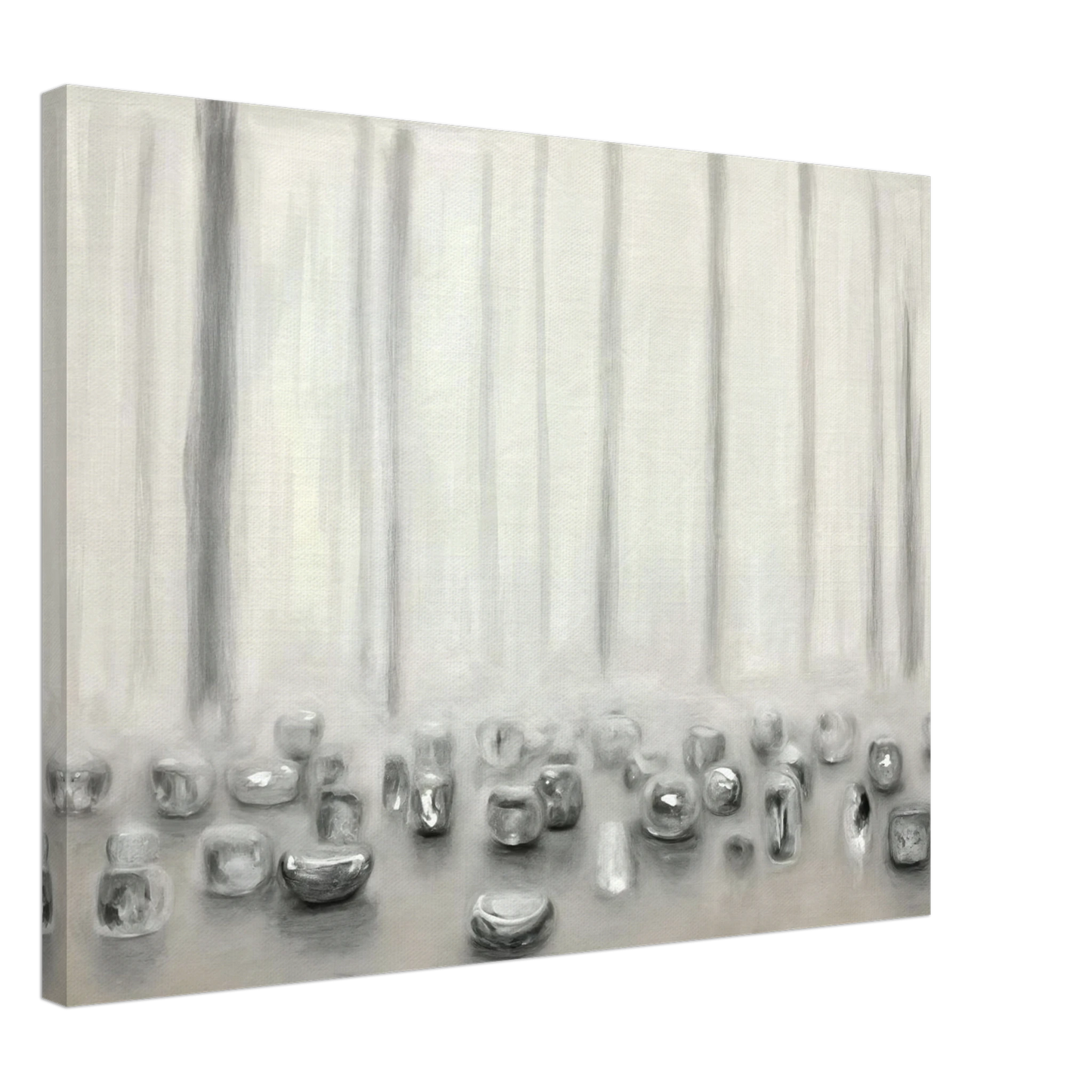 Minimalist pale composition with translucent silver forms resting beneath misty vertical lines in a serene monochrome atmosphere.