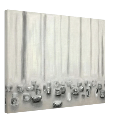 Minimalist pale composition with translucent silver forms resting beneath misty vertical lines in a serene monochrome atmosphere.