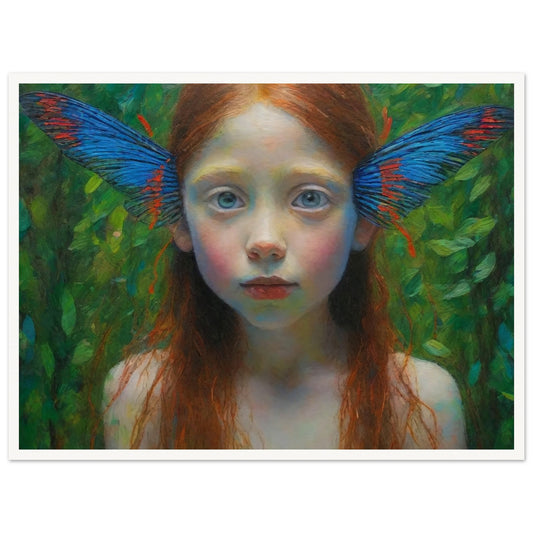 A realistic painting of a young girl with long red hair and vibrant butterfly wings emerging from her ears. She stands against a lush green background, looking directly at the viewer.