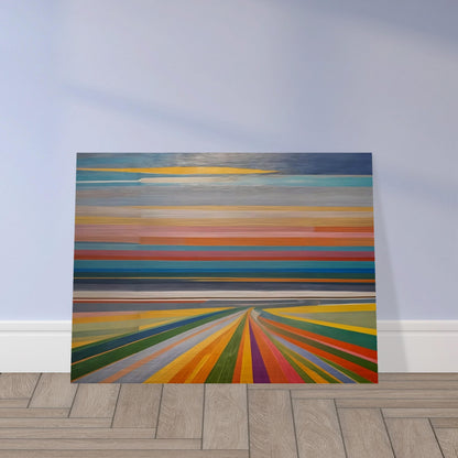 Abstract painting featuring horizontal bands of various colors, resembling a vibrant horizon and colorful road leading into the distance.