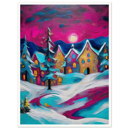 A colorful winter village scene with glowing houses, snow-covered trees, and a vibrant magenta sky illuminated by the moon.