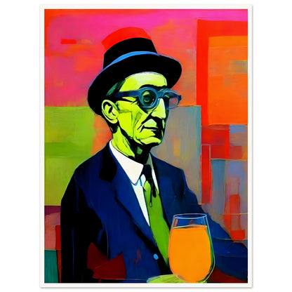 Bold and colorful painting of an older man in a hat and glasses, with green tones on his face, a suit, and a bright orange drink.