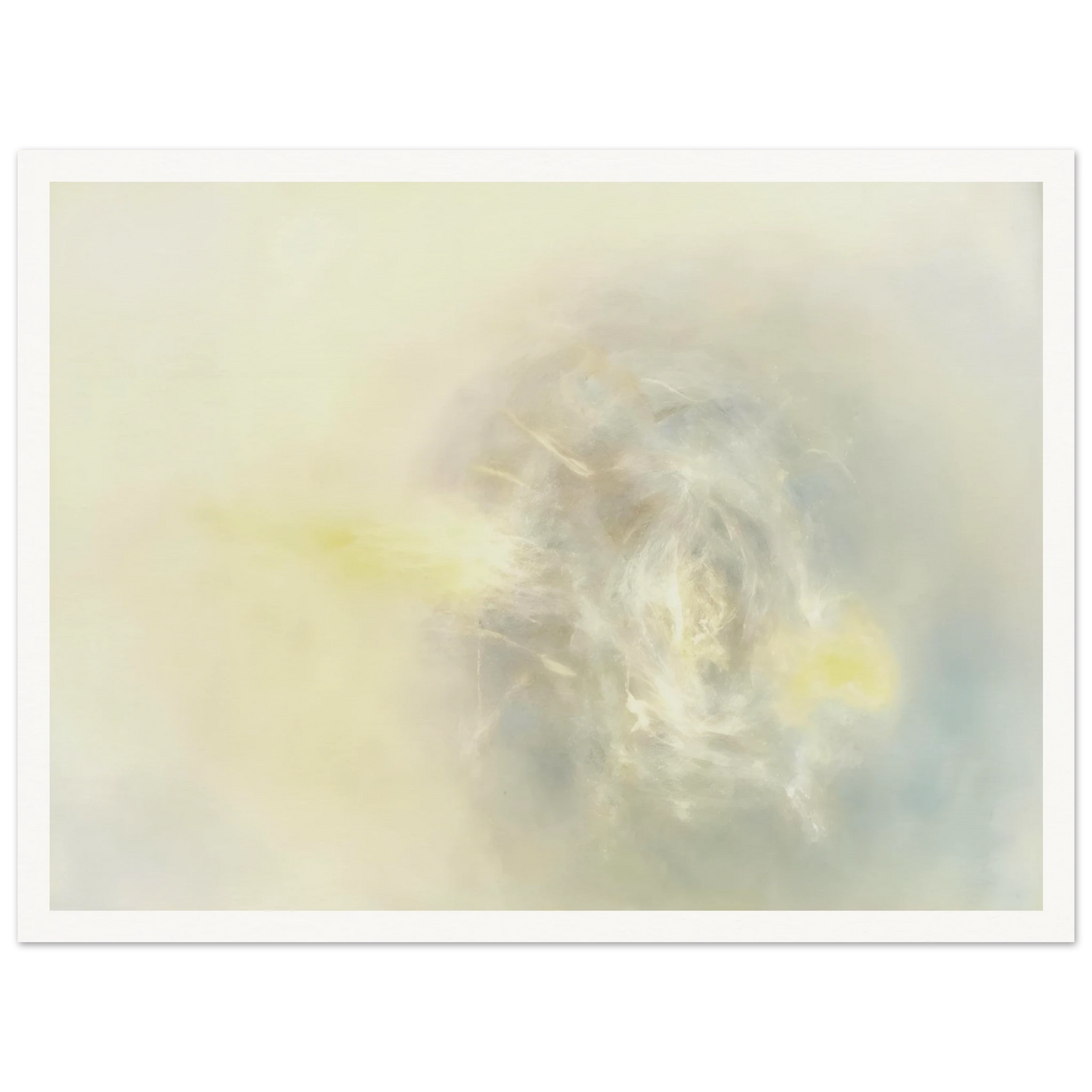 Soft luminous haze of ivory, pearl, and faint yellow gathers in an ethereal swirl, like light emerging through mist.