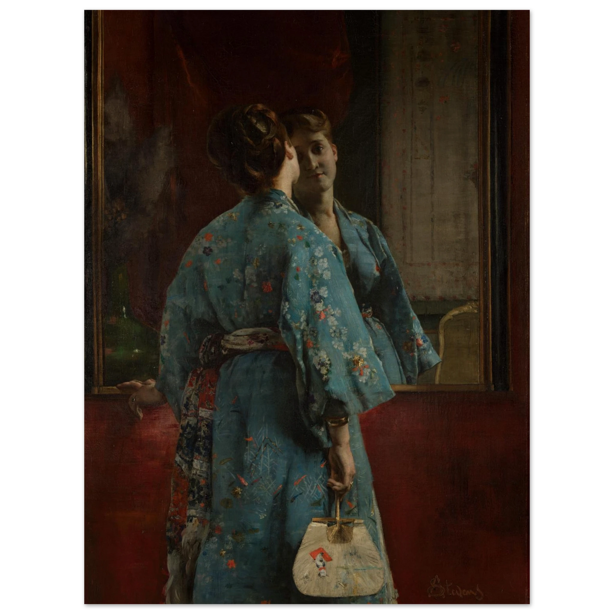 Woman in a blue floral kimono faces a mirror, holding a fan against a dark red interior.