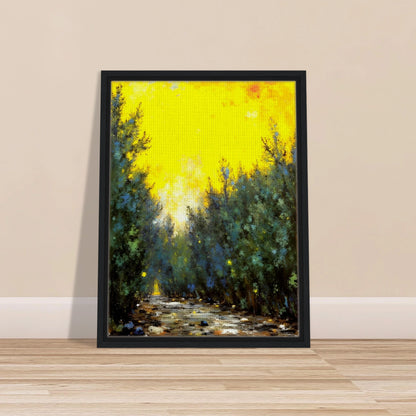 A glowing yellow sky illuminates a narrow forest path lined with lush green trees and scattered stones in soft sunlight.