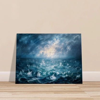 Powerful stormy seascape with churning blue waves beneath dramatic clouds, illuminated by radiant light breaking across the horizon.