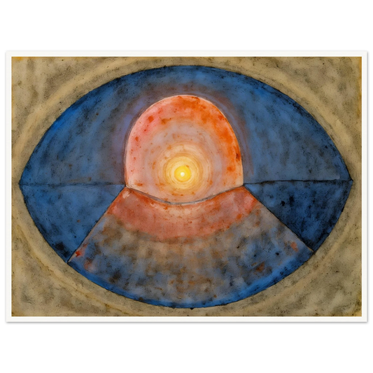 A symbolic abstract painting featuring concentric geometric forms resembling an eye or portal. Deep blue arcs surround a glowing golden center, creating a meditative composition of balance, light, and contemplation