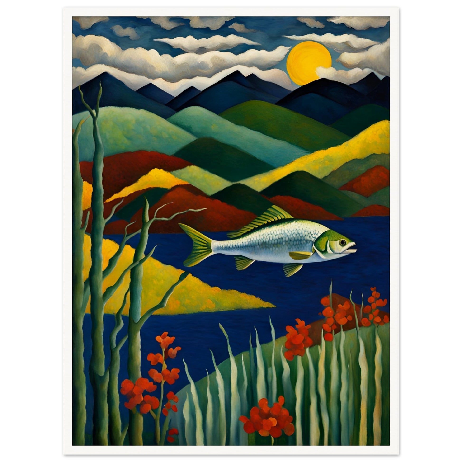 A vibrant fish glides above deep blue waters, surrounded by lush greenery, red flowers, and layered mountains under a glowing moon.