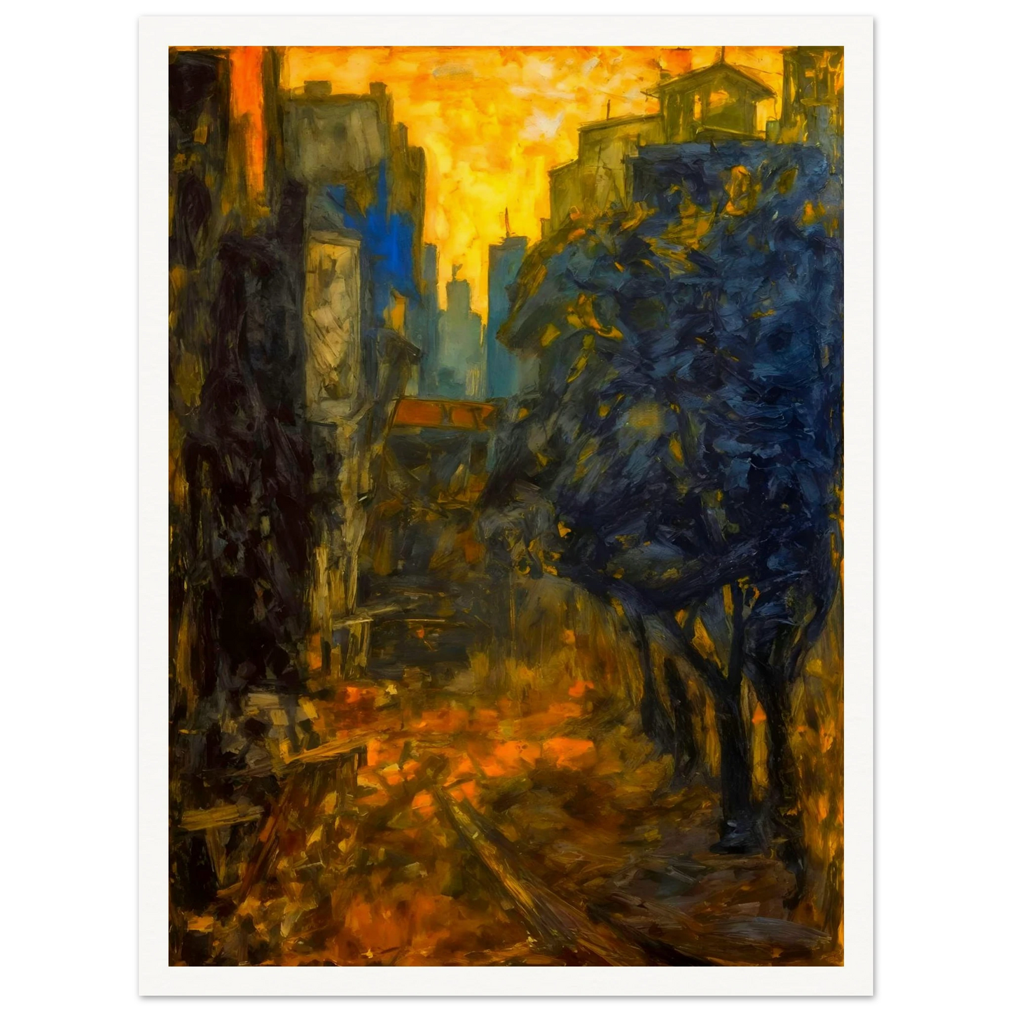 A dramatic expressionist cityscape depicting a narrow urban street framed by dark blue and black structures, illuminated by a glowing golden sky and fiery reflections along the ground.