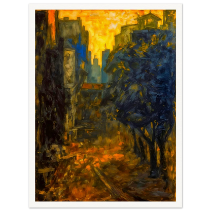 A dramatic expressionist cityscape depicting a narrow urban street framed by dark blue and black structures, illuminated by a glowing golden sky and fiery reflections along the ground.