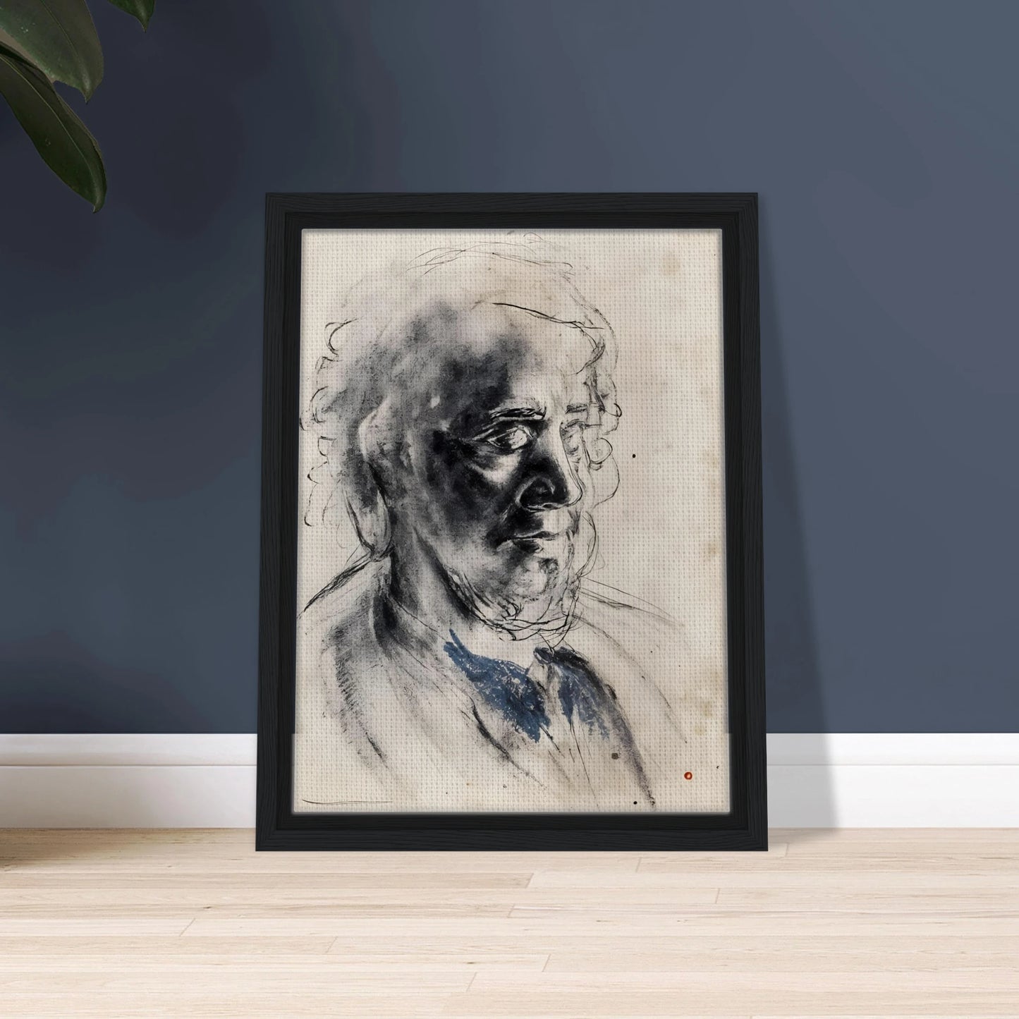 Charcoal portrait of an elderly man with deep shadows, loose lines, and a muted blue collar.