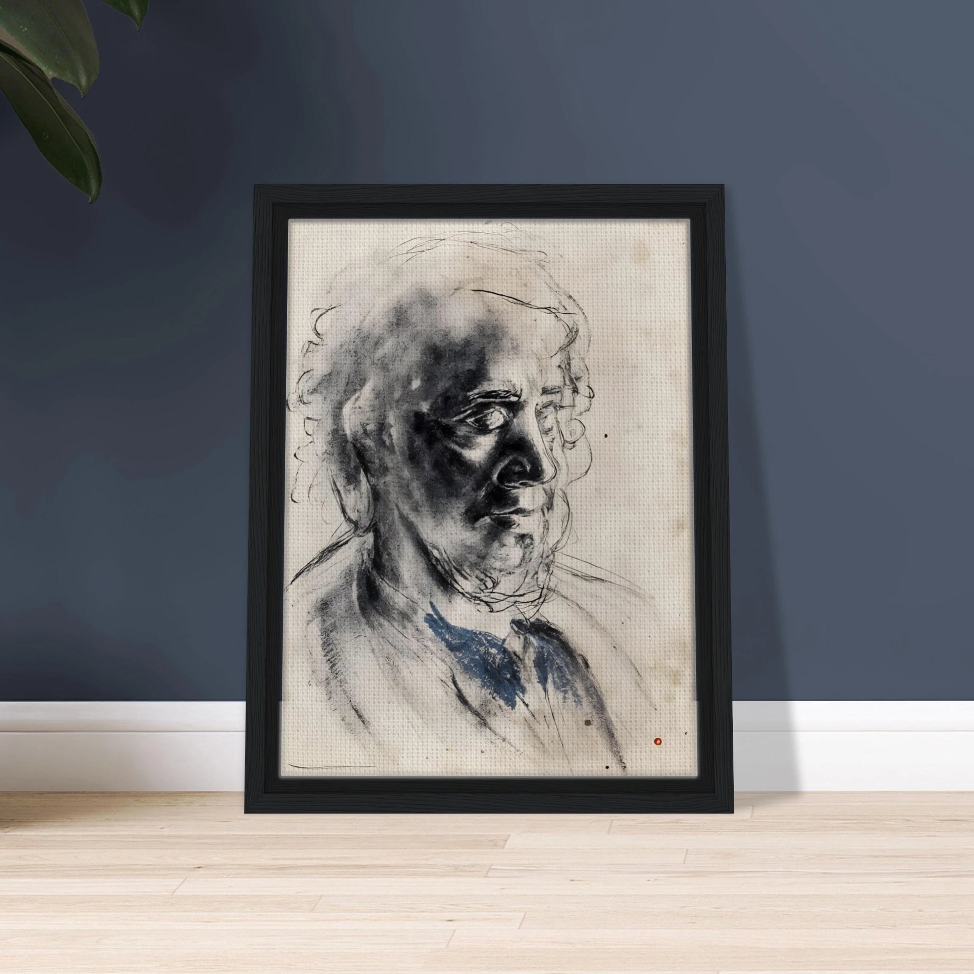 Charcoal portrait of an elderly man with deep shadows, loose lines, and a muted blue collar.