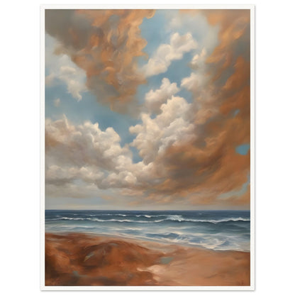 A breathtaking seascape with soft waves rolling onto a sandy shore beneath a sky filled with billowing golden clouds against a serene blue backdrop.